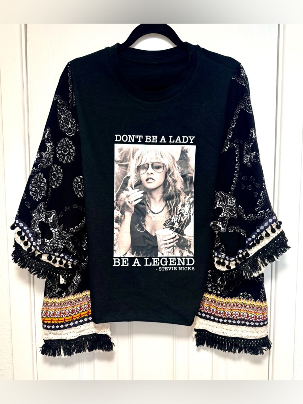 Don't Be a Lady Stevie Nicks Graphic Black Kimono with Patterned Sleeves